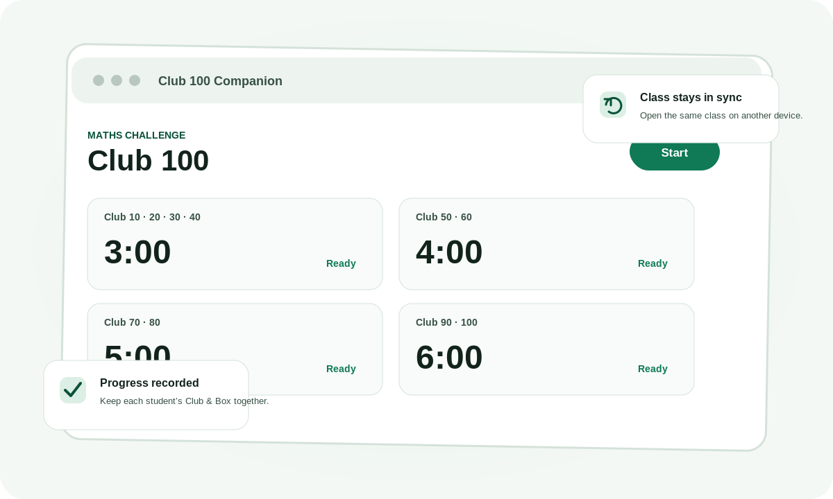 Preview of Club 100 Companion classroom timer interface