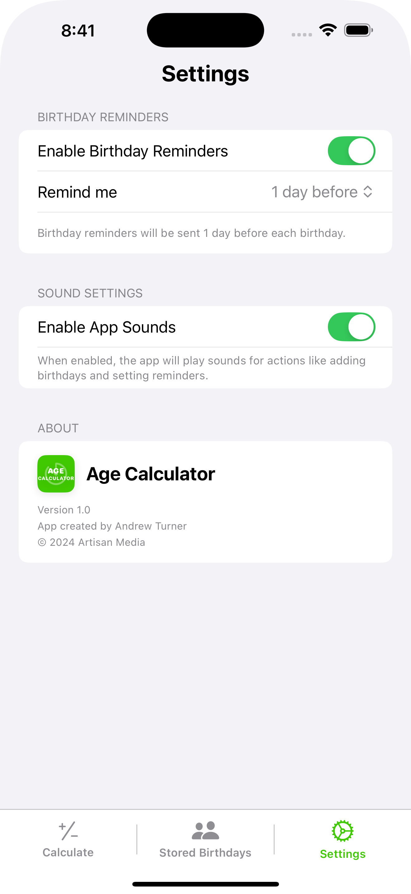 Age Calculator settings