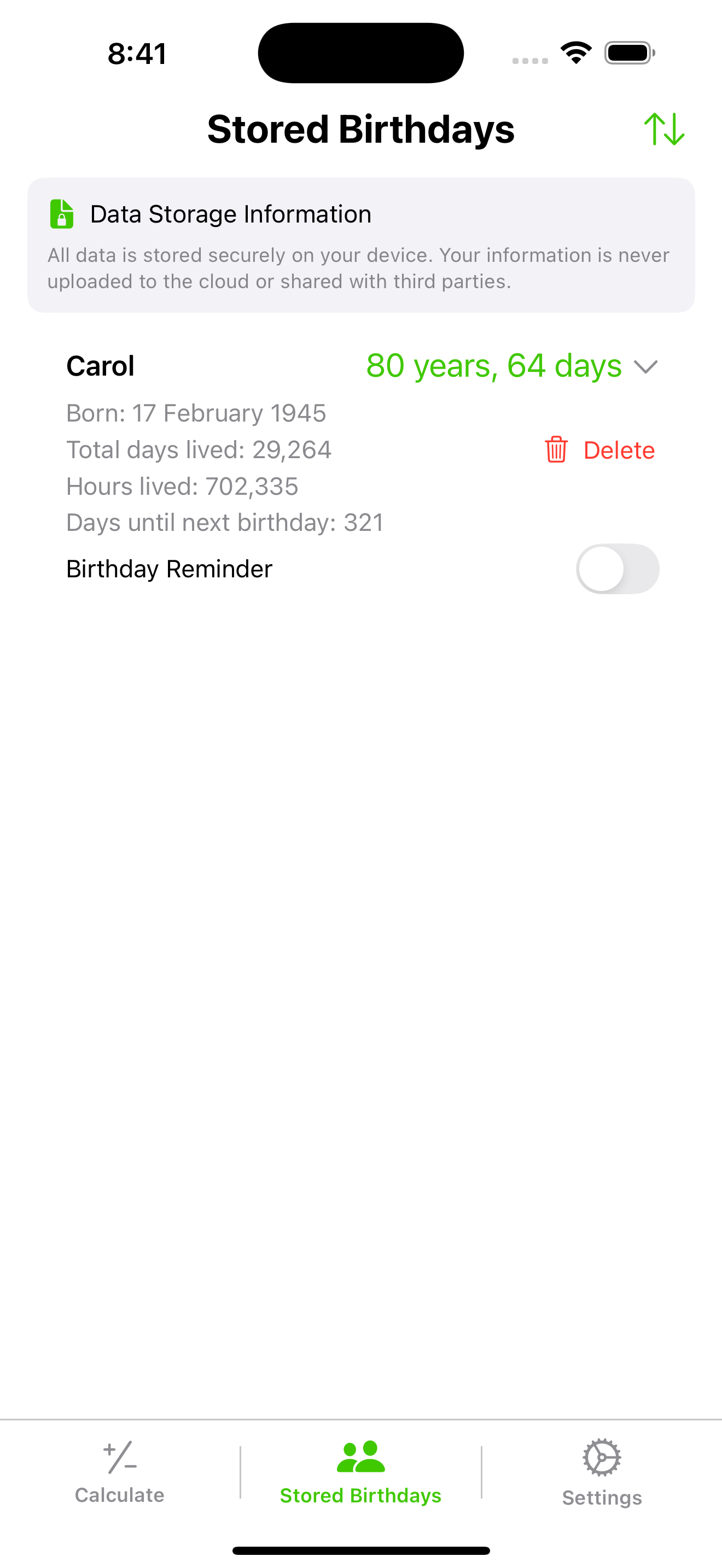 Age Calculator stored birthdays