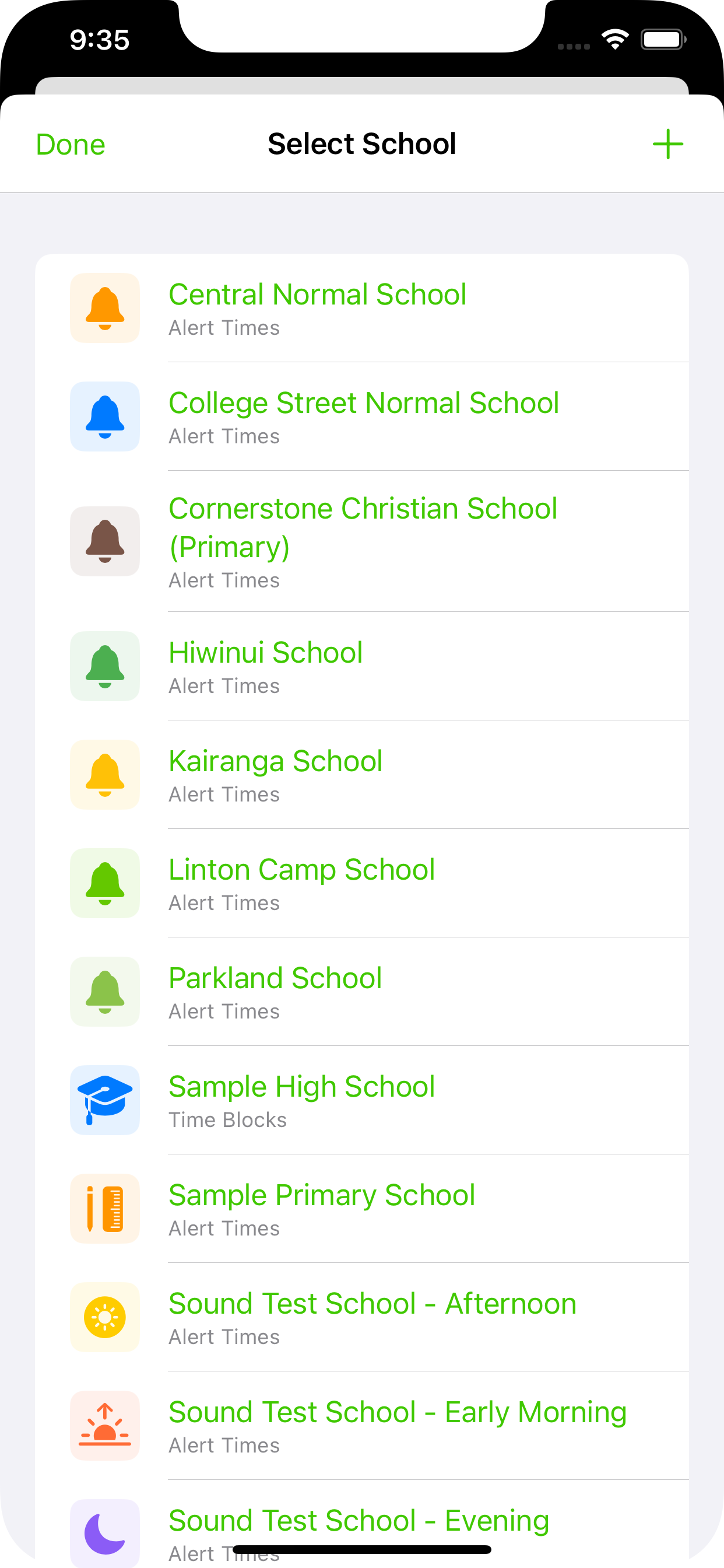 Bell Times school list