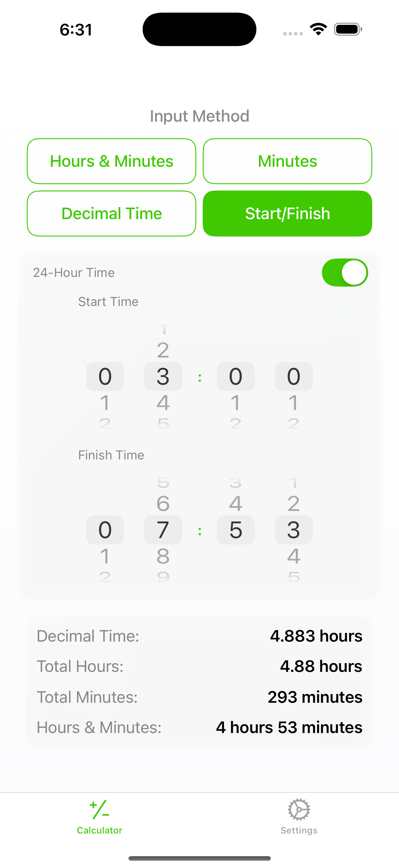 Hours start/finish calculator