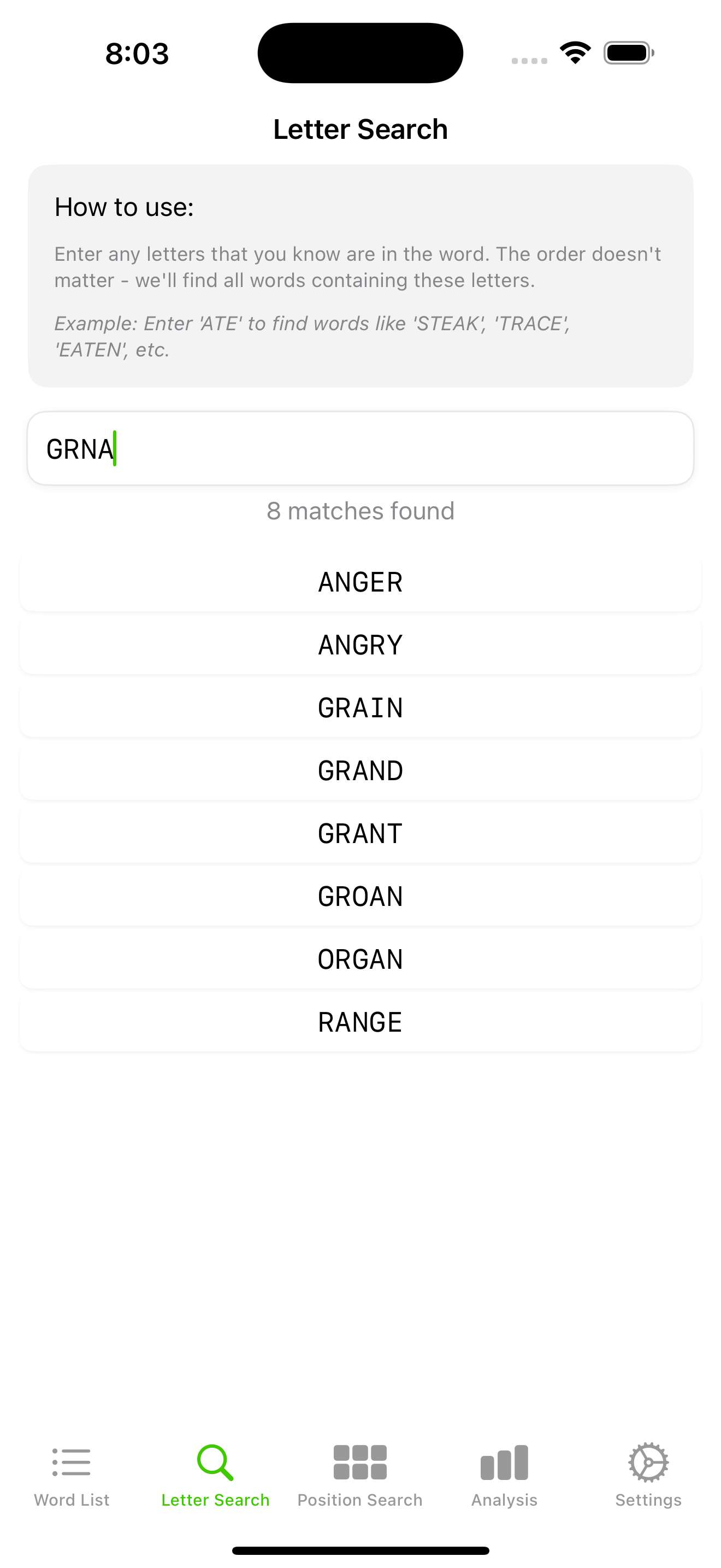 Word Solutions letter search
